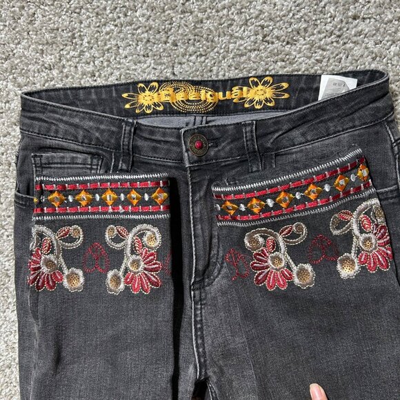 Desigual Exotic Jeans Black Embroidered Floral Pattern Slim Fit Womens Denim - Picture 3 of 14